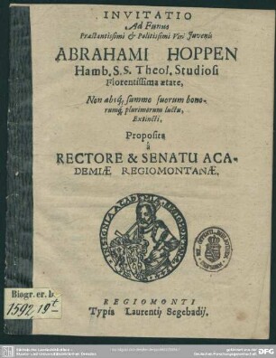 Invitatio ad funus ... juvenis Abraham Hoppen ... proposita a rectore et senatu acad. Regiomont.