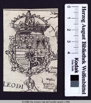 Teil einer Landkarte und ein Wappen mit Krone, Löwen, Adlern, Lilien und einem Widder