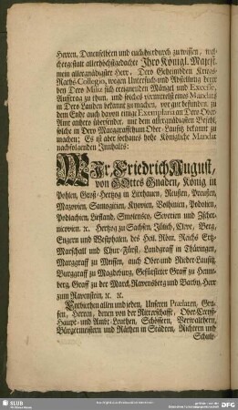 Wir, Friedrich August, von Gottes Gnaden, König in Pohlen, Groß-Hertzog in Litthauen, Reußen, Preußen, ...