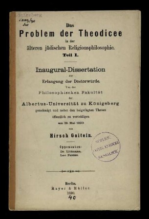 Das Problem der Theodicee in der älteren jüdischen Religionsphilosophie