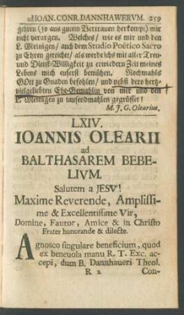 LXIV. Ioannis Olearii ad Balthasarem Bebelium