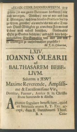 LXIV. Ioannis Olearii ad Balthasarem Bebelium