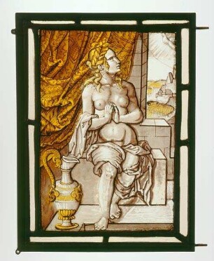Kabinettscheibe mit einer sitzenden allegorischen Aktfigur der Temperantia (Mäßigung) und einer Kanne zu ihren Füßen