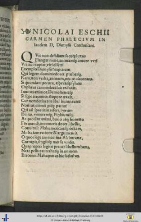 Nicolai Eschii Carmen Phalecium in laudem D. Dionysii Carthusiani (mit Bildnis).