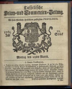 12. Stueck, Montag den 25ten Martii 1765