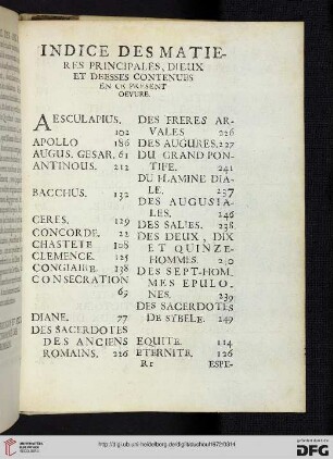 Indice des matières principales, dieux et deesses