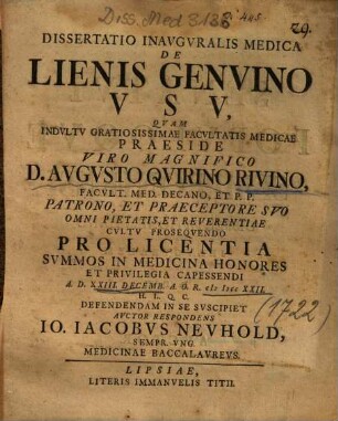 Dissertatio Inavgvralis Medica De Lienis Genvino Vsv