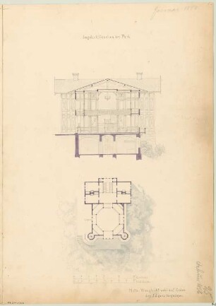 Jagdschlösschen Monatskonkurrenz Januar 1858: Grundriss Erdgeschoss, Querschnitt; 2 Maßstabsleisten