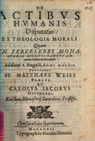 De Actibvs Hvmanis Disputatio Ex Theologia Morali