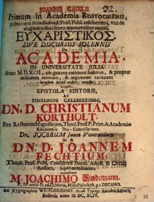 Eucharistikos sive discursus solennis de academia ...