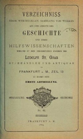 Antiquarisches Verzeichniss. 63. 1884