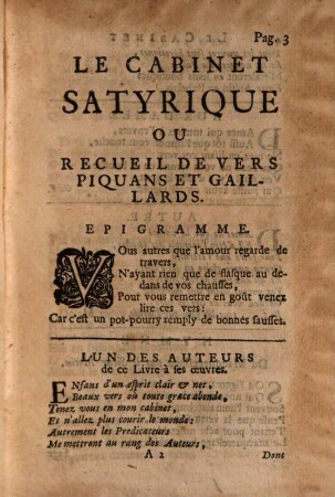 Le Cabinet Satyrique Ou Recueil De Vers Piquans & Gaillards : Tirés Des Cabinets Des Sieurs Sigognes, Regnier, Motin, Berthelot, Maynard, & autres des plus signalez Poëtes, 1