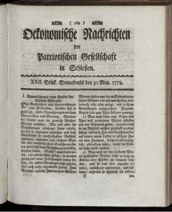 XXII. Stück. Sonnabends den 30 May. 1778.