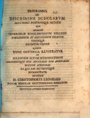 Programma de discrimine scholarum aevi prisci nostraeque aetatis