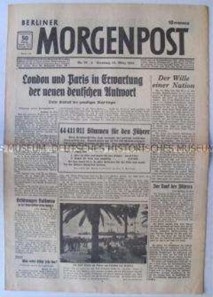 Tageszeitung "Berliner Morgenpost" zur Reaktion des Auslandes auf das Abstimmungsergebnis über die Politik der Hitler-Regierung