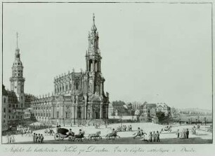Ansicht der katholischen Kirche zu Dresden : Dresden, Hofkirche, sechsspännige Kutsche, Stich