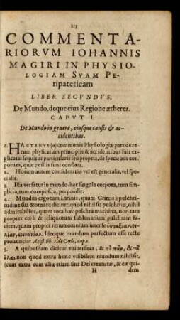 Caput I. De Mundo in genere, eiusque causis [et] accidentibus.