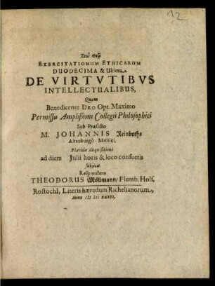 Exercitationum Ethicarum Duodecima & Ultima. De Virtutibus Intellectualibus