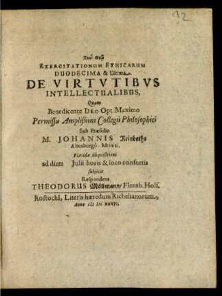 Exercitationum Ethicarum Duodecima & Ultima. De Virtutibus Intellectualibus
