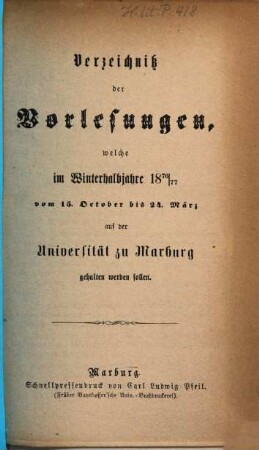 Verzeichnis der Vorlesungen. 1876/77. WH.