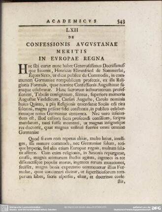 LXII De Confessionis Augustanae Meritis In Europae Regna