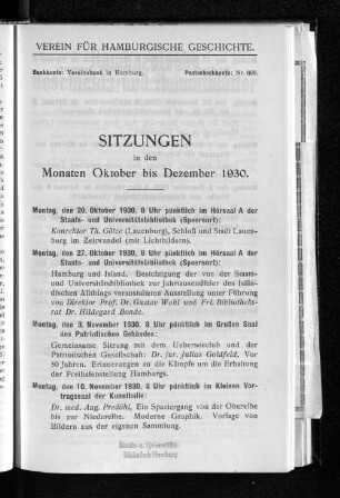 Sitzungen in den Monaten Oktober bis Dezember 1930.