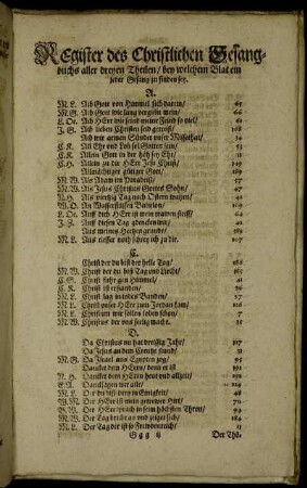 Register des Christlichen Gesangbuchs aller dreyen Theilen/ bey welchem Blat ein jeder Gesang zu finden sey.