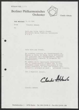 Brief an Luisa Caprio Preden an Italien. Ministero della Pubblica Istruzione, 12.12.1995