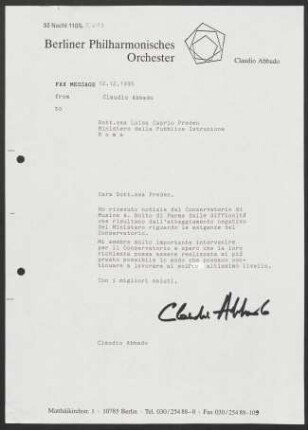 Brief an Luisa Caprio Preden an Italien. Ministero della Pubblica Istruzione, 12.12.1995