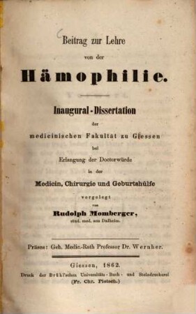 Beitrag zur Lehre von der Hämophilie : Inaugural-Dissertation ...