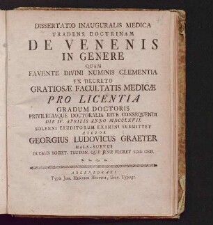 Dissertatio Inauguralis Medica Tradens Doctrinam De Venensis In Genere