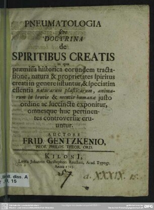 Pneumatologia sive Doctrina de Spiritibus Creatis ...