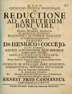 Disputatio Juridica Inauguralis De Reductione Ad Arbitrium Boni Viri