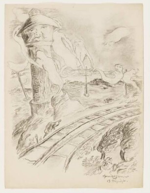 [Landschaft mit Bahnschienen, Wasserturm und Gespenstern in Telegraphenleitungen]