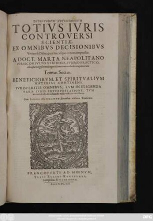 6: Beneficiorum, Et Spiritualium Materias Continens : Iurisperitis Omnibus ... valde utilis, ac necessarius ; Cum Indice Materiarum secundum ordinem Titulorum
