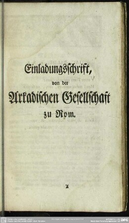 Einladungsschrift, von der Arkadischen Gesellschaft zu Rom
