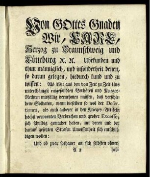 Von Gottes Gnaden Wir, Carl, Herzog zu Braunschweig und Lüneburg ...