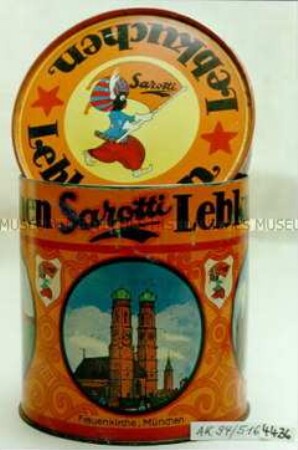 Blechdose für "Sarotti Lebkuchen" (Abbildungen in Kreisen: Brandburger Tor Berlin, Wartburg, Frauenkirche München, Rathaus Breslau)