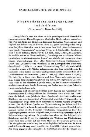 Sammelberichte und Hinweise : Niedersachsen und Harburger Raum im Schrifttum, Stand vom 31. Dezember 1967