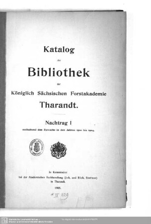 1905: Nachtrag 1, enthaltend den Zuwachs in den Jahren 1900 bis 1904