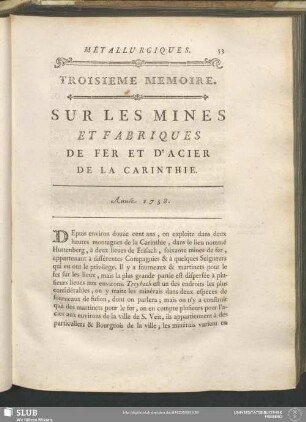 Troisieme Memoire. Sur Les Mines Et Fabriques De Fer Et D'Acier De La Carinthie. Année 1758