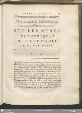 Troisieme Memoire. Sur Les Mines Et Fabriques De Fer Et D'Acier De La Carinthie. Année 1758
