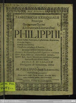 Panegyricus exequialis Philippi II Ducis Sedini