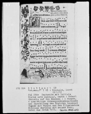 Graduale (Benediktinerhandschrift) — Textseite mit historisierter Initiale, Wappen und Miniatur am Rand, Folio 236verso