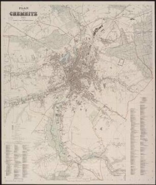 Stadtplan von Chemnitz, 1:10 000, Lithographie, 1902 : Plan von Chemnitz / bearbeitet von der Stadtvermessungsamt. Kupferstich, Lithographie u. Druck von Giesecke & Devrient. - 5. Aufl.. - 1:10 000. - Leipzig ; Berlin : Giesecke & Devrient , 1902. - 1 Kt. ; mehrfarb. ; 75 x 90 cm, gefaltet
