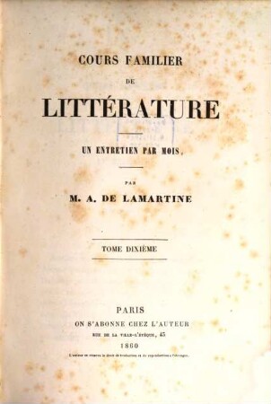 Cours familier de littérature : un entretien par mois, Tome dixième