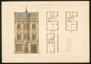 Wohn- und Geschäftshaus: Grundrisse und Ansicht (aus: Ein-Familien-Häuser, entworfen und gezeichnet von Hermann Bethke)