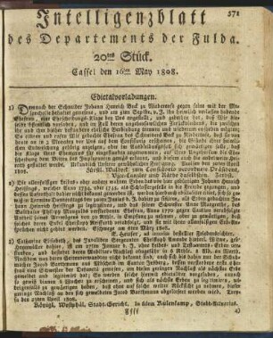 20tes Stück. Cassel den 16ten May 1808