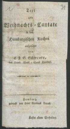 Text zur Weihnachts-Cantate : in den Hamburgischen Kirchen aufgeführt