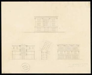 Passage, Berlin Monatskonkurrenz Februar 1832: Grundriss Erdgeschoss, Aufriss Straßenansicht, Teilaufriss der inneren Ladenansicht, Querschnitt